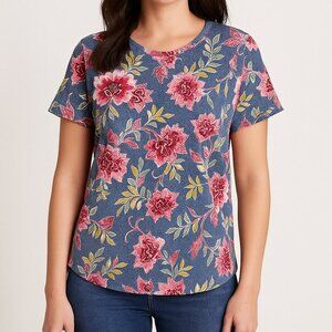 LOFT Women’s Floral Short Sleeve Top Blue Pink Print 100% Cotton Casual Size S